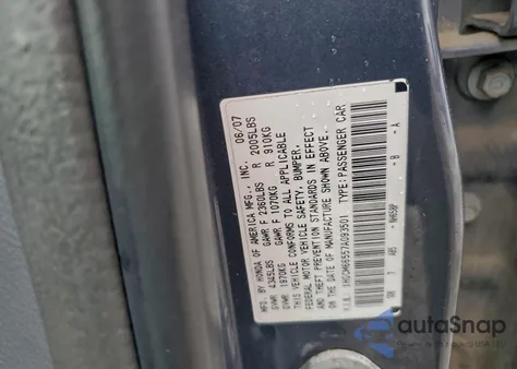 2007 Honda Accord Ex z USA, uszkodzony, nr VIN 1HGCM66557A093501